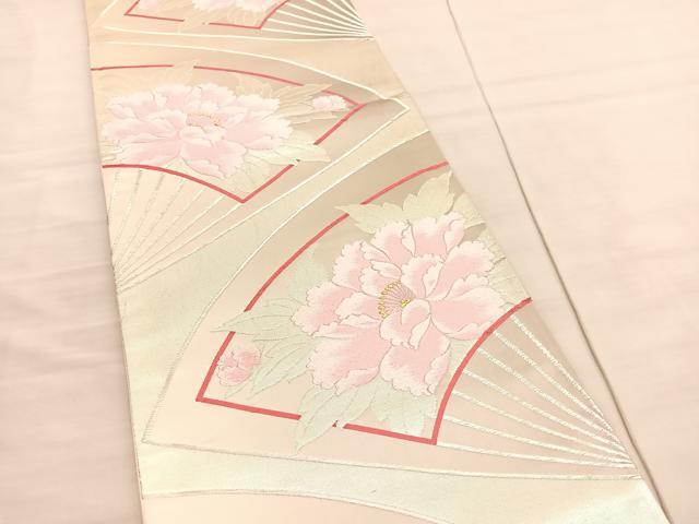 平和屋着物◎六通柄袋帯　唐織　扇面牡丹文　金銀糸　正絹　逸品　BAAV3776hv