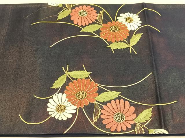 平和屋着物◎太鼓柄袋帯 総刺繍 駒刺繍 菊 金彩 引箔 正絹 逸品 BAAV3790hv