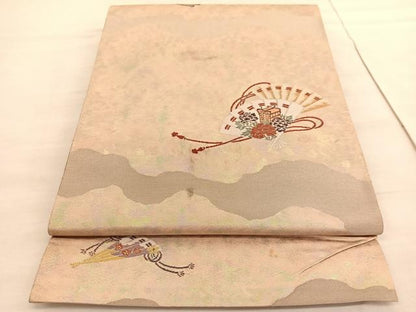 平和屋着物◎六通柄袋帯 古典 檜扇御所車花文 金糸 引箔 正絹 逸品 BAAV3791hv