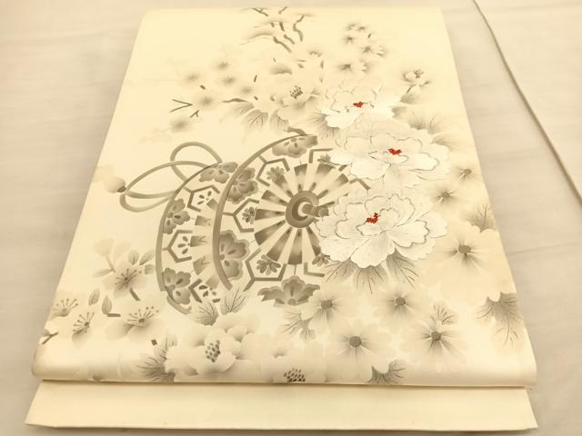 平和屋着物◎太鼓柄袋帯 手描き 刺繍 源氏車牡丹花文 引箔 正絹 逸品 BAAV3792hv