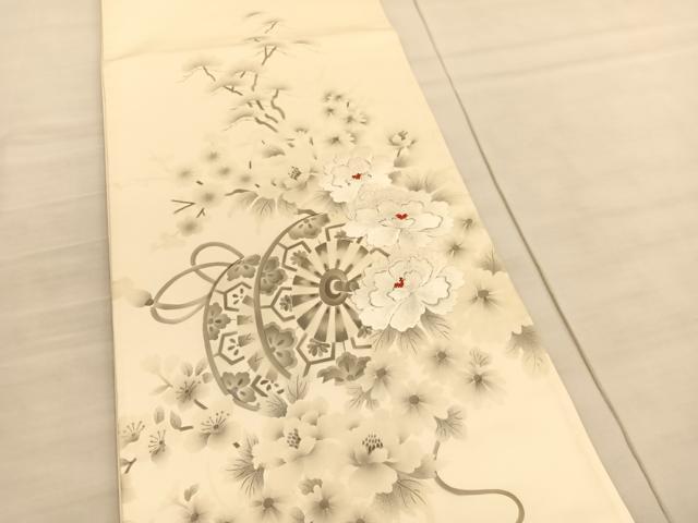 平和屋着物◎太鼓柄袋帯 手描き 刺繍 源氏車牡丹花文 引箔 正絹 逸品 BAAV3792hv