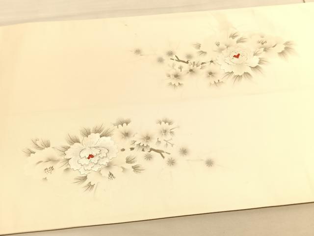 平和屋着物◎太鼓柄袋帯 手描き 刺繍 源氏車牡丹花文 引箔 正絹 逸品 BAAV3792hv