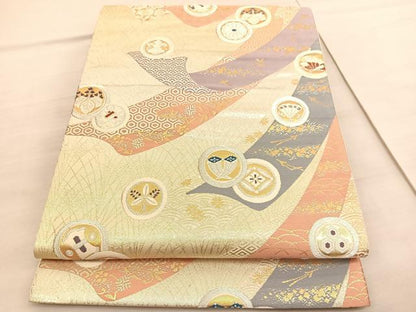 平和屋着物◎六通柄袋帯 唐織 熨斗宝尽くし丸文 金銀糸 正絹 逸品 BAAV3810hv