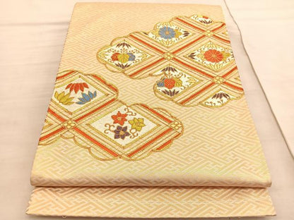 平和屋着物◎太鼓柄袋帯 駒刺繍 雲取り菱天井花文 金糸 正絹 逸品 BAAV3818hv