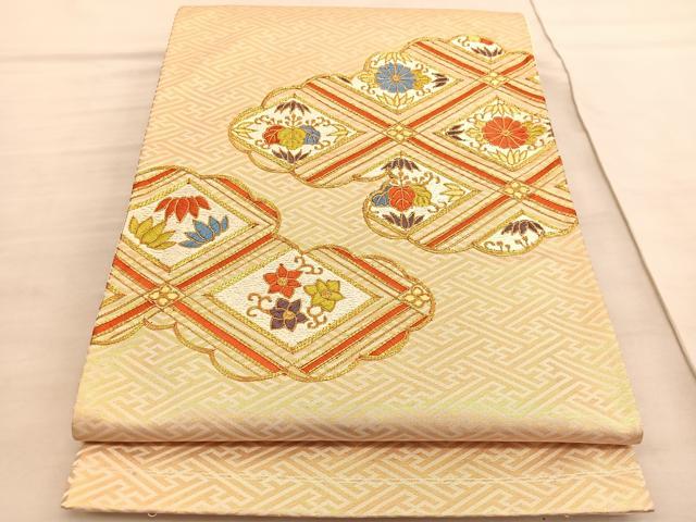 平和屋着物◎太鼓柄袋帯 駒刺繍 雲取り菱天井花文 金糸 正絹 逸品 BAAV3818hv