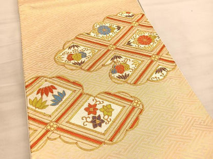 平和屋着物◎太鼓柄袋帯 駒刺繍 雲取り菱天井花文 金糸 正絹 逸品 BAAV3818hv