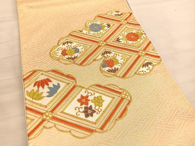 平和屋着物◎太鼓柄袋帯 駒刺繍 雲取り菱天井花文 金糸 正絹 逸品 BAAV3818hv