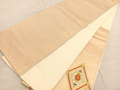 平和屋着物◎太鼓柄袋帯 駒刺繍 雲取り菱天井花文 金糸 正絹 逸品 BAAV3818hv