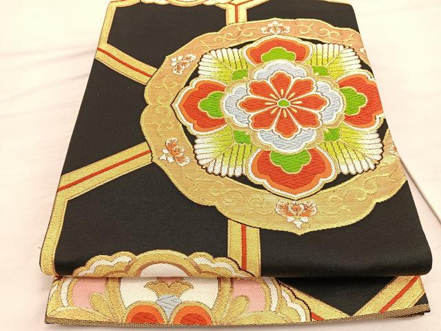平和屋着物◎六通柄袋帯　唐織　亀甲花文　黒地　金糸　正絹　逸品　BAAV3831hv