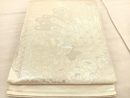 平和屋着物◎六通柄袋帯 美保姿 孔雀花文 銀糸 正絹 逸品 BAAV3835hv