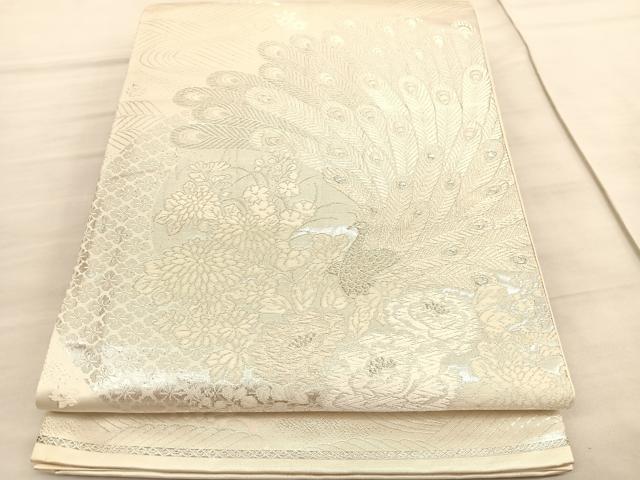 平和屋着物◎六通柄袋帯 美保姿 孔雀花文 銀糸 正絹 逸品 BAAV3835hv