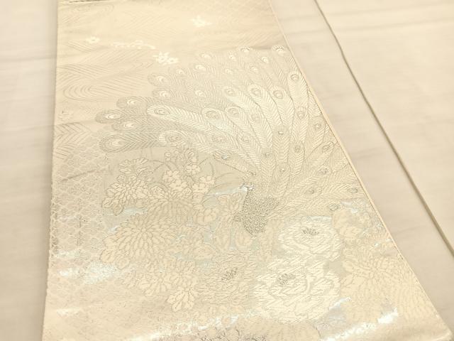 平和屋着物◎六通柄袋帯 美保姿 孔雀花文 銀糸 正絹 逸品 BAAV3835hv