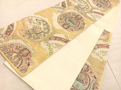 平和屋着物◎六通柄袋帯　阿蘭陀渡陶器　金糸　正絹　逸品　BAAV3840hv