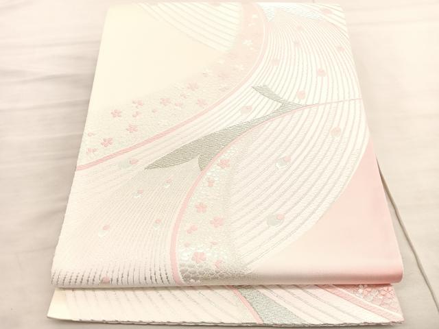 平和屋着物◎六通柄袋帯　唐織　孔雀花文　銀糸　正絹　逸品　BAAV3843hv