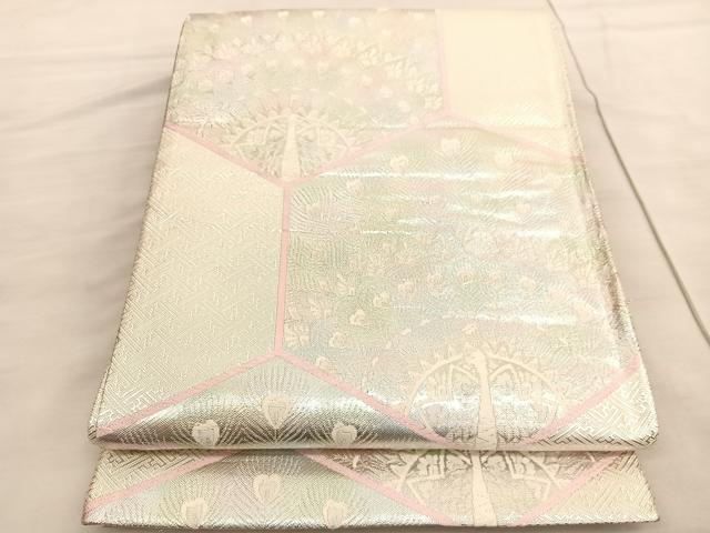 平和屋着物◎佐賀錦　六通柄袋帯　亀甲孔雀文　銀糸　正絹　逸品　BAAV3850hv