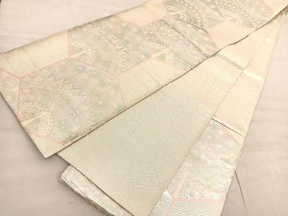 平和屋着物◎佐賀錦　六通柄袋帯　亀甲孔雀文　銀糸　正絹　逸品　BAAV3850hv