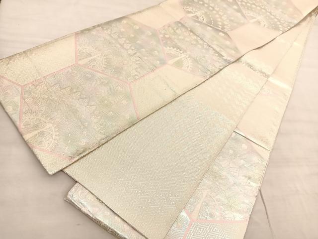 平和屋着物◎佐賀錦　六通柄袋帯　亀甲孔雀文　銀糸　正絹　逸品　BAAV3850hv