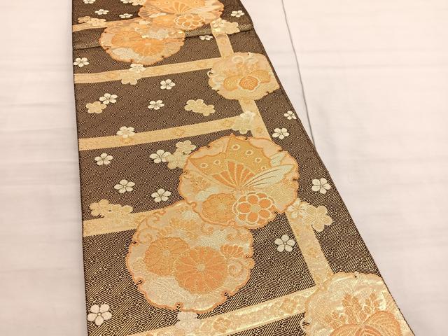 平和屋着物◎佐賀錦 六通柄袋帯 雪輪花蝶文 金糸 正絹 逸品 BAAV3867hv