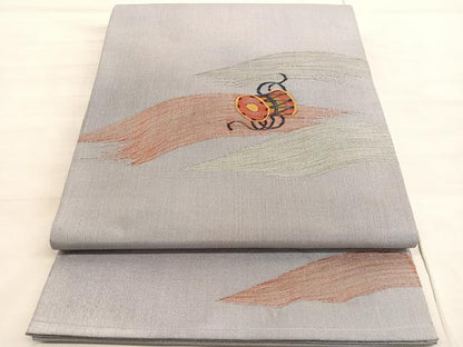 平和屋着物◎太鼓柄袋帯　すくい織　鼓　銀糸　正絹　逸品　BAAV3872hv
