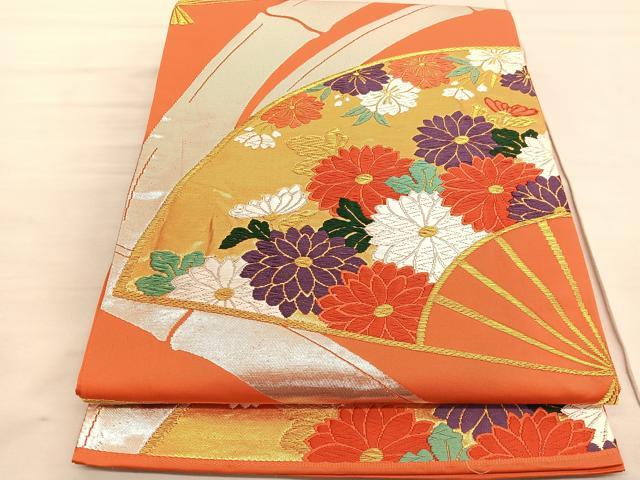 平和屋着物◎六通柄袋帯　唐織　扇面花文　金銀糸　正絹　逸品　BAAV3877hv