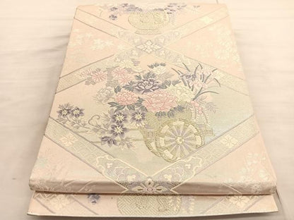 平和屋着物◎六通柄袋帯　唐織　菱天井花車文　銀糸　正絹　逸品　BAAV3880hv