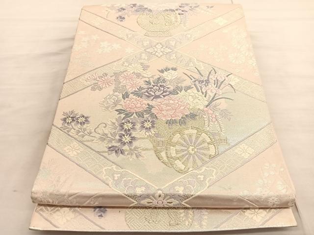 平和屋着物◎六通柄袋帯　唐織　菱天井花車文　銀糸　正絹　逸品　BAAV3880hv