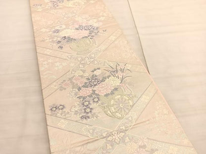 平和屋着物◎六通柄袋帯　唐織　菱天井花車文　銀糸　正絹　逸品　BAAV3880hv