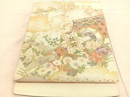 平和屋着物◎太鼓柄袋帯 綴れ 几帳鼓花鳥文 金彩 正絹 逸品 BAAV3902hv