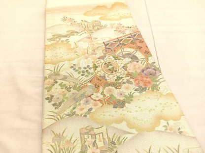 平和屋着物◎太鼓柄袋帯 綴れ 几帳鼓花鳥文 金彩 正絹 逸品 BAAV3902hv