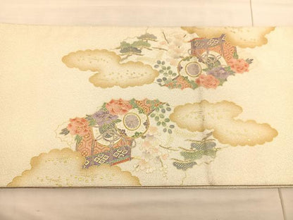 平和屋着物◎太鼓柄袋帯 綴れ 几帳鼓花鳥文 金彩 正絹 逸品 BAAV3902hv