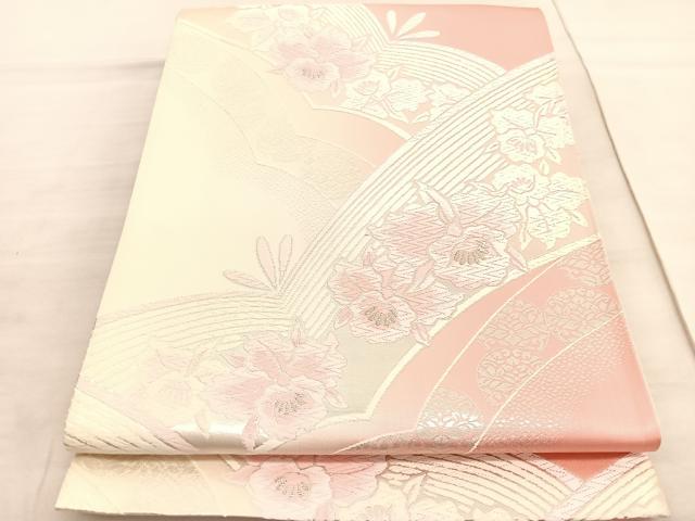 平和屋着物◎六通柄袋帯　唐織　カトレア若松葉文　銀糸　正絹　逸品　BAAV3906hv