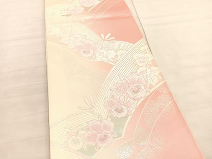 平和屋着物◎六通柄袋帯　唐織　カトレア若松葉文　銀糸　正絹　逸品　BAAV3906hv