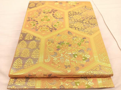 平和屋着物◎六通柄袋帯　亀甲更紗花文　金糸　正絹　逸品　BAAV3915hv