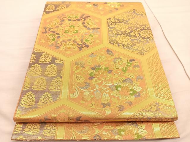 平和屋着物◎六通柄袋帯　亀甲更紗花文　金糸　正絹　逸品　BAAV3915hv