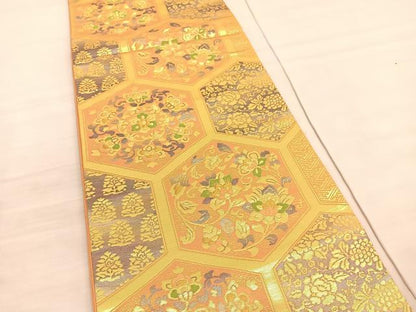 平和屋着物◎六通柄袋帯　亀甲更紗花文　金糸　正絹　逸品　BAAV3915hv