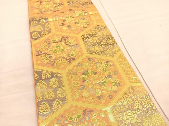 平和屋着物◎六通柄袋帯　亀甲更紗花文　金糸　正絹　逸品　BAAV3915hv