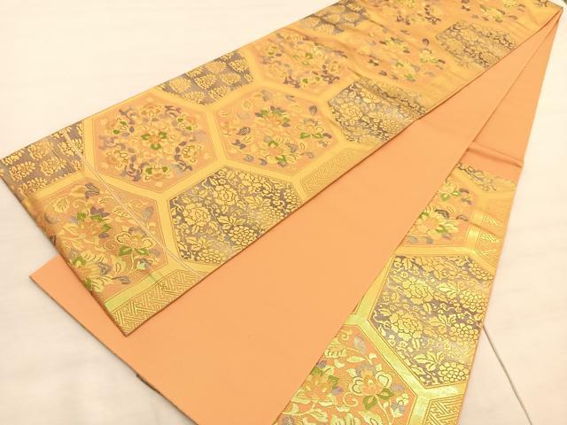 平和屋着物◎六通柄袋帯　亀甲更紗花文　金糸　正絹　逸品　BAAV3915hv