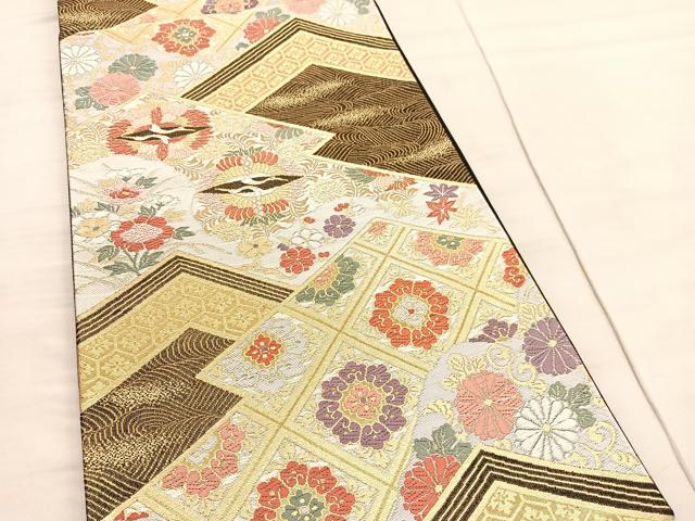 平和屋着物◎六通柄袋帯　唐織　松皮菱双鶴花文　黒地　金糸　正絹　逸品　BAAV3929hv