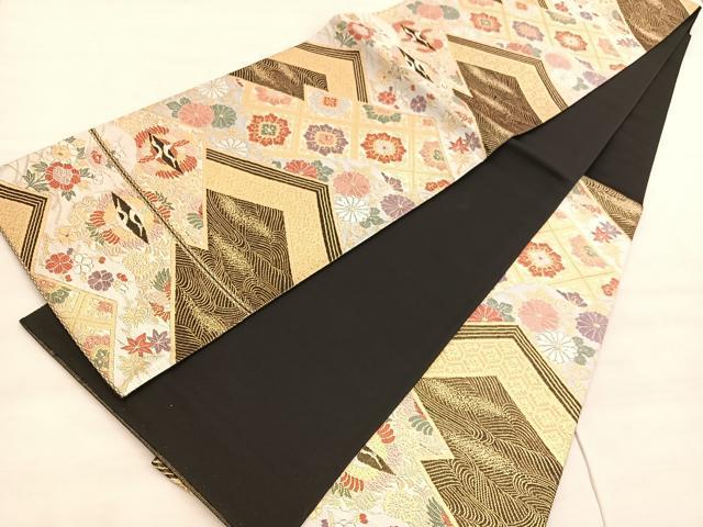 平和屋着物◎六通柄袋帯　唐織　松皮菱双鶴花文　黒地　金糸　正絹　逸品　BAAV3929hv