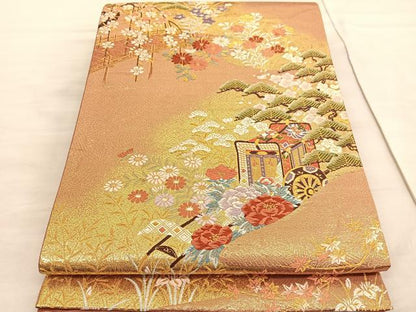 平和屋着物◎六通柄袋帯 唐織 御所車松梅花文 金糸 正絹 逸品 BAAV3939hv