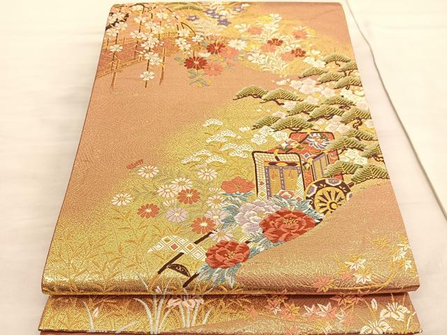平和屋着物◎六通柄袋帯 唐織 御所車松梅花文 金糸 正絹 逸品 BAAV3939hv