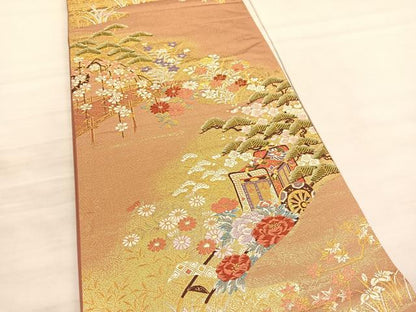 平和屋着物◎六通柄袋帯 唐織 御所車松梅花文 金糸 正絹 逸品 BAAV3939hv