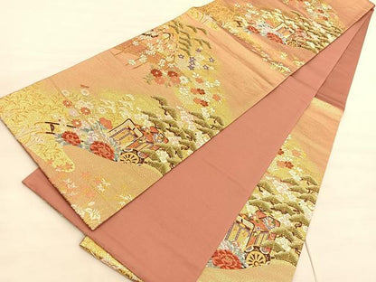 平和屋着物◎六通柄袋帯 唐織 御所車松梅花文 金糸 正絹 逸品 BAAV3939hv