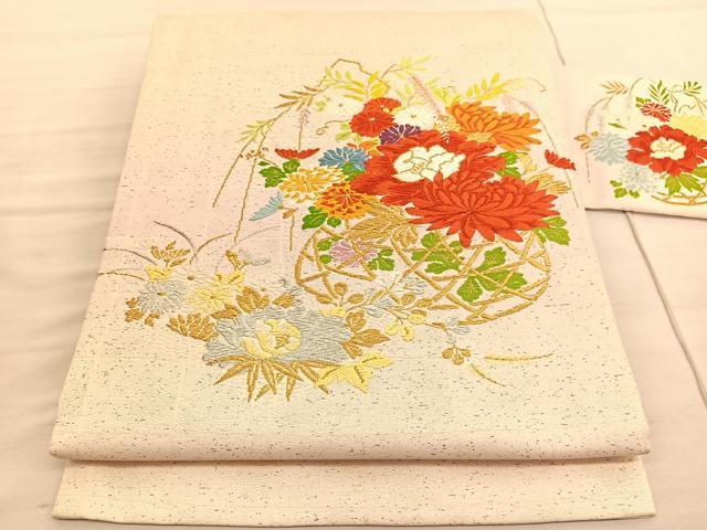 平和屋着物◎九寸名古屋帯 唐織 花篭文 金銀糸 正絹 逸品 BAAV3942hv