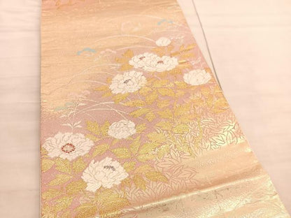 平和屋着物◎六通柄袋帯　唐織　牡丹　金銀糸　正絹　逸品　BAAV3951hv