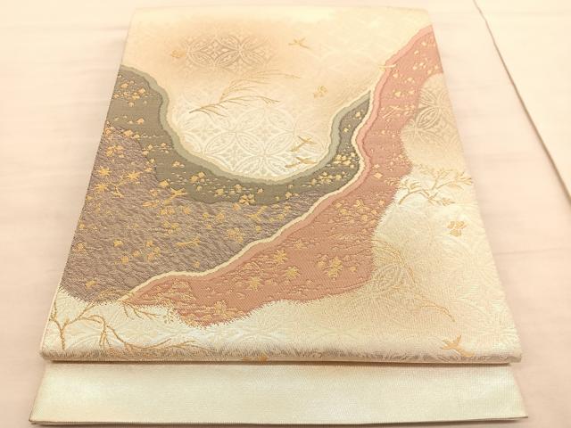 平和屋着物◎太鼓柄袋帯 箔散らし道長花鳥文 金糸 引箔 正絹 逸品 BAAV3956hv