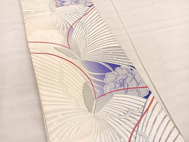 平和屋着物◎両面　全通柄袋帯　舞蝶文　銀糸　正絹　逸品　BAAV3958hv