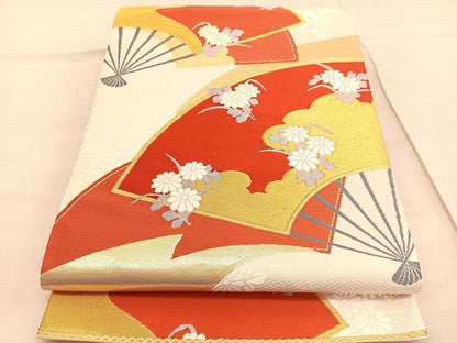 平和屋着物◎六通柄袋帯　唐織　扇面花文　金糸　正絹　逸品　BAAV3959hv