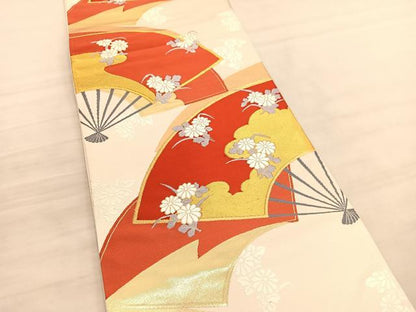 平和屋着物◎六通柄袋帯　唐織　扇面花文　金糸　正絹　逸品　BAAV3959hv