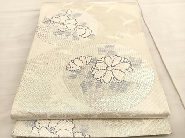 平和屋着物◎六通柄袋帯　飛鶴椿菊丸文　銀糸　正絹　逸品　BAAV3962hv